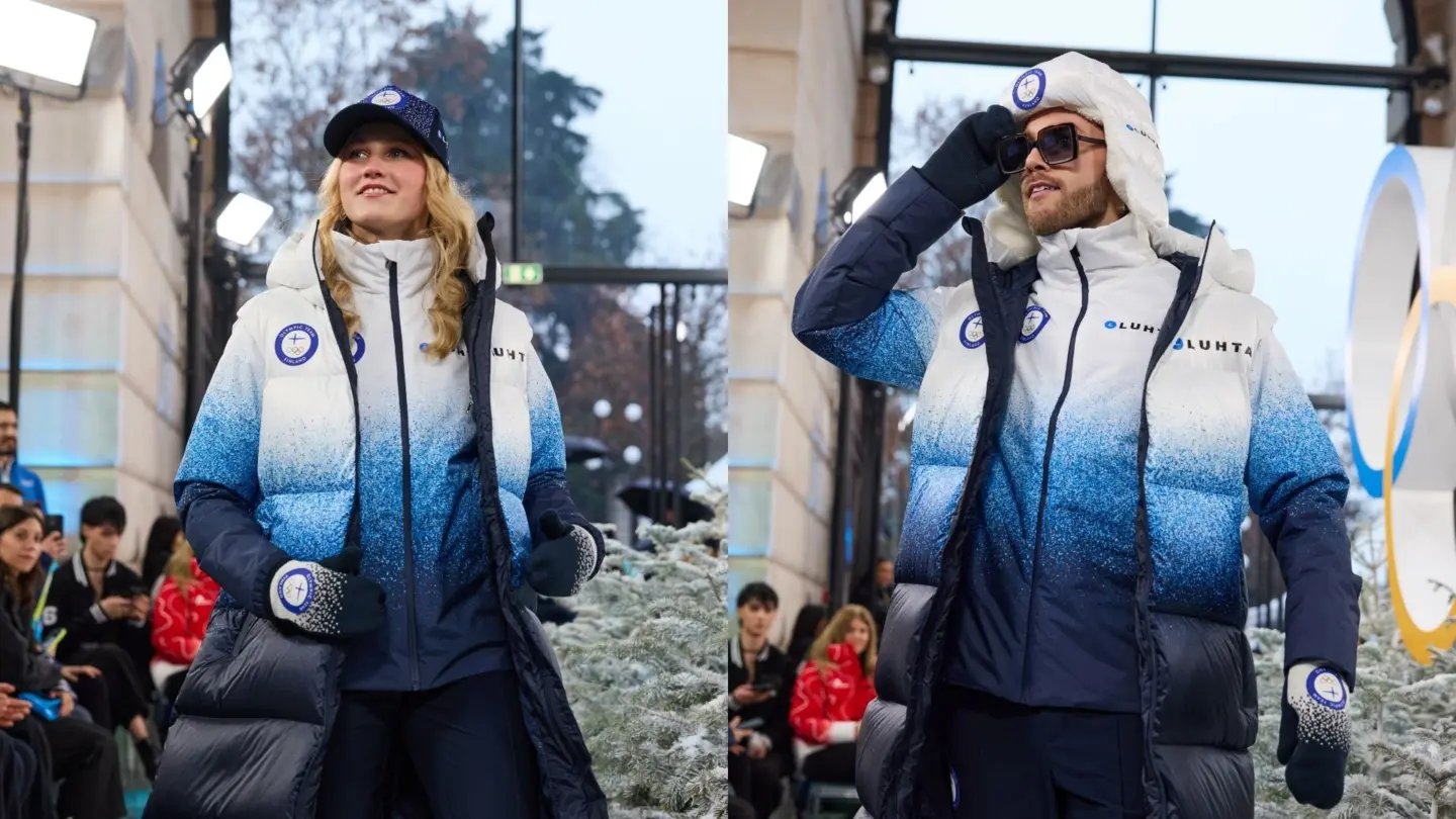 Kuvakollaasissa Laura Kangasniemi ja Janne Saarinen poseeraamassa catwalkilla Suomen kisa-asuissa.